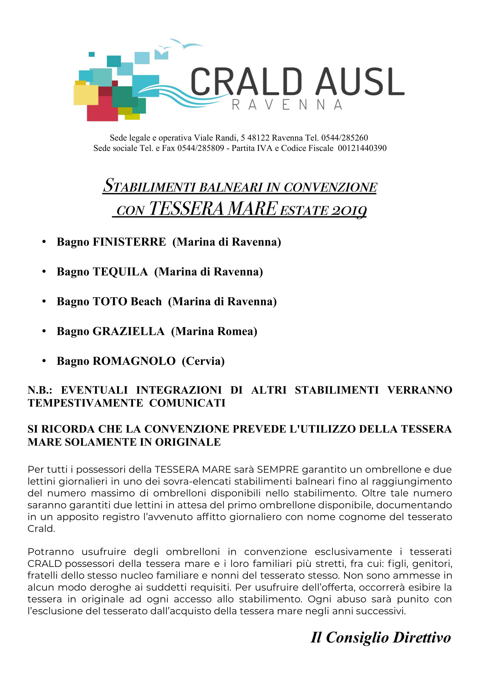BAGNI 2019 TESSERA MARE